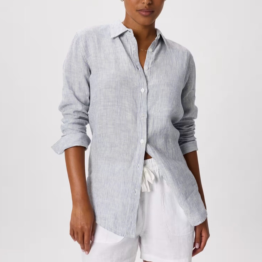 Quince Blue and White Pinstripe Linen Button-Down Shirt